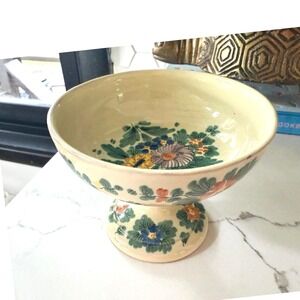 Vintage Hand Painted Italian Majolica Pedestal Bowl Floral Ceramic Compote 48